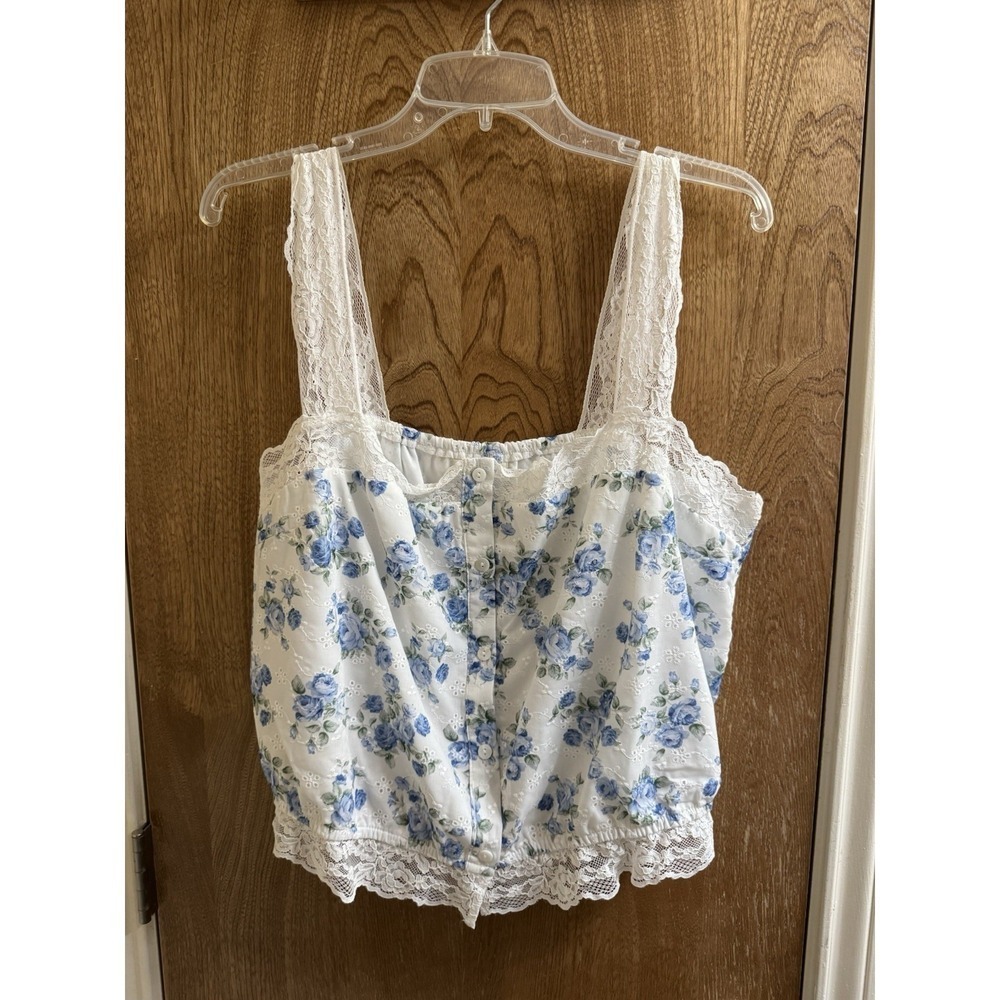 Baevely White Lace Strap Blue Floral Crop Top Cottage Core 2X Slim Fit Button